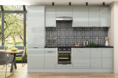 B&Q -  Kitchen Cabinets Set 9 Units Tall Larder Pantry Storage Soft Close 300Cm Modern Light Grey Gloss Fitted Kitchen Star