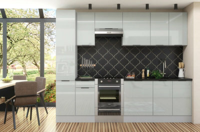 B&Q -  Kitchen Cabinets 8 Units Set Slim Larder Soft Close 280Cm Light Grey Gloss Fitted Kitchen Star