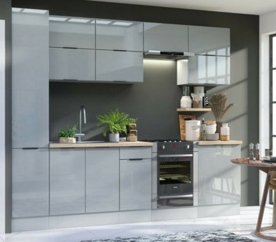 B&Q -  Kitchen Cabinets 11 Unit Set Light Grey Gloss Modern Slim Larder Storage Soft Close 280Cm Fitted Kitchen Star