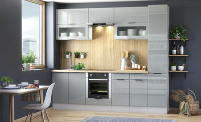 B&Q -  Kitchen Cabinets Set Slim Larder Oven Housing Storage Unit Modern Light Grey Gloss 260Cm Fitted Kitchen Star