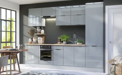 B&Q -  Fitted Kitchen Cabinet Set 12 Unit Complete Kitchen Light Grey Gloss Tall Larder Pantry 300Cm Star