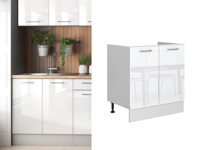 B&Q -  Kitchen Sink Unit White Gloss Small Under Sink Cabinet Storage Cupboard 800mm Base Modern Ella