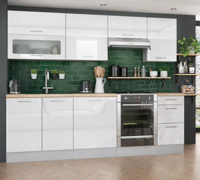 B&Q -  Kitchen Cabinets Set White Gloss 7 Units 240Cm Package Modern Soft Close Drawer Flat Pack Ella