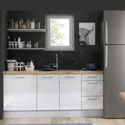 B&Q -  Kitchen Cabinets White Gloss Base Units Utility Set 180Cm Cupboards Kitchenette Modern Flat Pack Ella