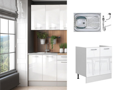 B&Q -  Kitchen Under Sink Cabinet Cupboard 800mm Sink Unit White Gloss With Single Bowl Steel Sink Reversible Ella