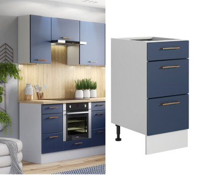 B&Q -  Kitchen Drawer Unit Complete Navy Blue Narrow Slim Cabinet 400mm 3 Drawer Cupboard Free Standing Nora