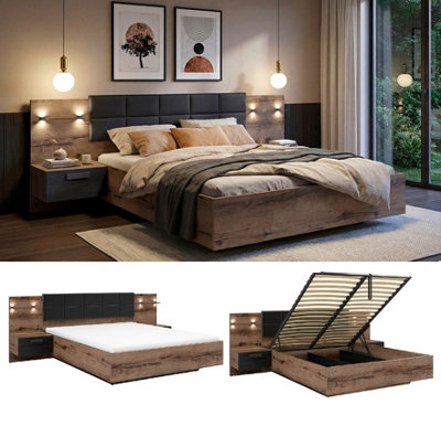 Impact Furniture Luxury King Size Bed Ottoman Storage With Headboard Led Lights Usb Chargers Bedside Cabinets Lift Up Euro Frame Oak Black Kassel