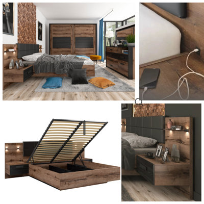Impact Furniture Luxury Ottoman Super King Size Storage Bed With Led Lights Usb Chargers Bedsides Lift Up Frame Oak Black Kassel