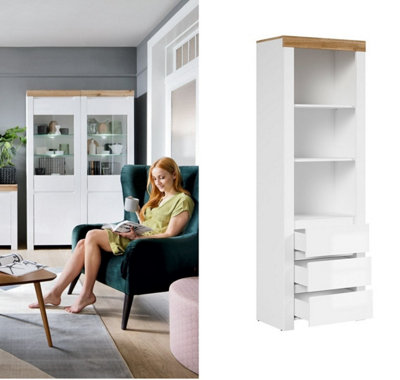 B&Q -  Tall Bookcase Drawer Shelving Unit Open Display Cabinet White Gloss Oak Holten