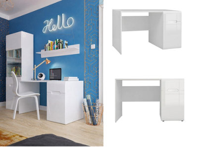 B&Q -  Large Desk With Drawer Modern Computer Home Study Office Desk White Gloss With Cabinet Storage Azteca
