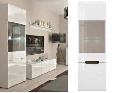 B&Q -  Tall Glass Display Cabinet Buffet Unit With Led Light Modern White Gloss Fronts With Black Brown Insert Azteca