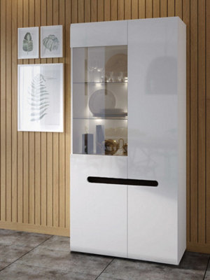B&Q -  Glass Display Cabinet Wide Tall 2 Door Buffet Unit With Led Lights White High Gloss Multi Insert Azteca