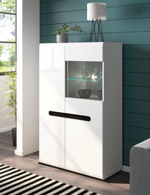 B&Q -  Large Display Cabinet Glass Door Unit Buffet With Led Light White Gloss Azteca