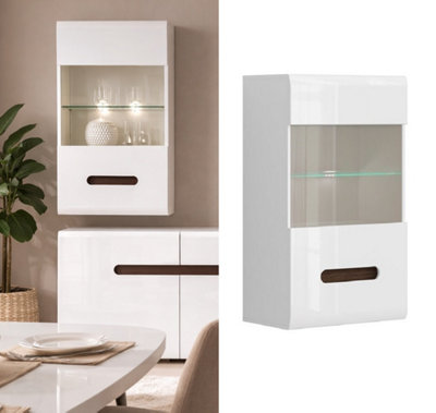 B&Q -  Wall Display Unit Glass Cabinet Modern Floating Led Lights White Gloss Azteca