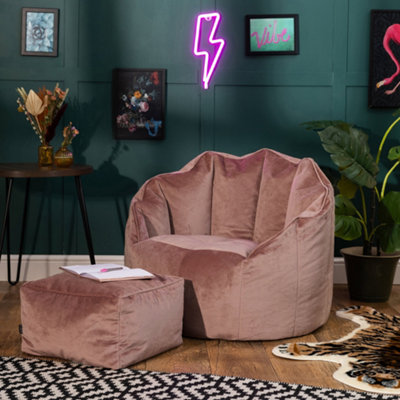 B&Q -  Sirena Scallop Chair Bean Bag And Footstool Pink Velvet Bean Bags