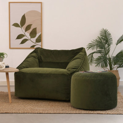 B&Q -  Natalia Velvet Adults Bean Bag Armchair And PouffeReady Filled Large Beanbag And Footstool Olive Green