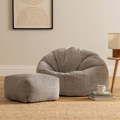 Icon Grey Kingston Cord Adults Bean Bag Chair And Pouffe, Ready Filled Beanbag And Footstool