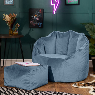 Icon Sirena Scallop Chair Bean Bag And Footstool Mineral Velvet Bean Bags Blue