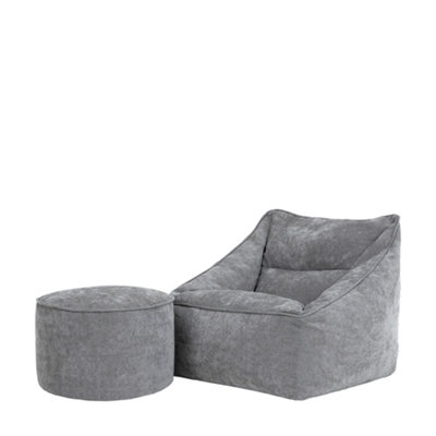 Icon Natalia Chenille Adults Bean Bag Armchair And Pouffe, Ready Filled Large Beanbag And Footstool Grey