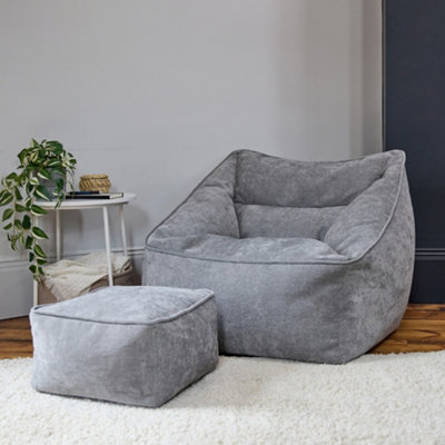 Icon Grey Natalia Chenille Adults Bean Bag Armchair And Pouffe, Ready Filled Beanbag And Footstool Large