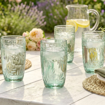 Dibor Set Of 4 Laurier Green Embossed Spring Summer Leaf Drinking Glass Tall Tumblers 380Ml from B&Q