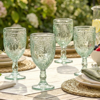 Dibor Set Of 4 Laurier Green Embossed Leaf Drinking Glass Spring Summer Wine Goblets 320Ml from B&Q