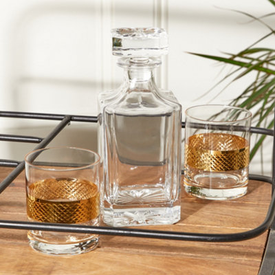 Dibor Traditional Glass Wine Decanter Glassware Spirit Whisky Decanter With Weighted Stopper And Two Stag Tumbler from B&Q