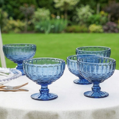 Dibor Set Of 4 Vintage Sapphire Blue Glass Trifle Bowl And Dessert Bowls 300Ml from B&Q