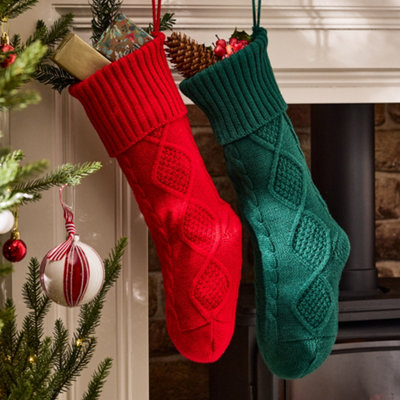 Dibor Set Of 2 Traditional Green & Red Chunky Knit Xmas Gift Decoration Christmas Stocking