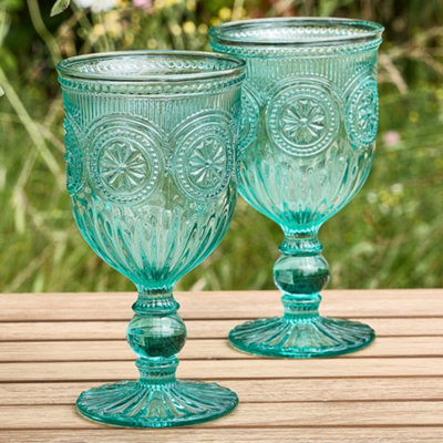 Dibor Set Of 2 Vintage Luxury Turquoise Embossed Drinking Glass Spring Summer Wine Goblets 290Ml from B&Q