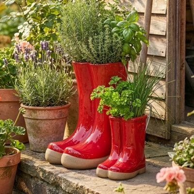 Dibor Set Of 2 Small And Large Red Wellington Boots Ceramic Indoor Outdoor Flower Pot Garden Planter Pots from B&Q