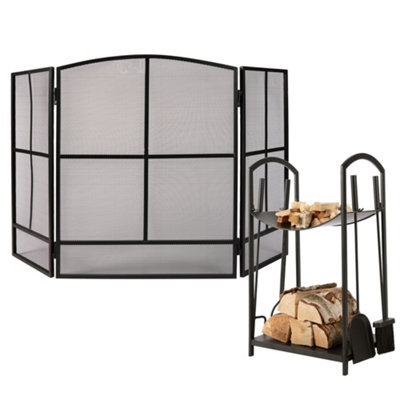 Dibor Vintage Style Large Black Window Pane Fire Guard H75Cm X W122Cm With Log Storage Fireplace Companion Set from B&Q