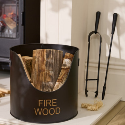 Dibor Traditional Fireplace Firewood Log Bucket With Poker And Tongs H29 X Dia33.5Cm from B&Q