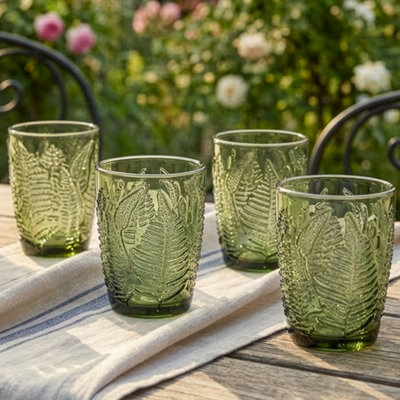 Dibor Set Of 4 Vintage Luxury Green Leaf Embossed Drinking Glass Tumblers Spring Summer Wine Goblets 260Ml from B&Q