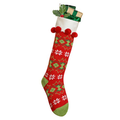 Dibor Set Of 2 Knitted Red Fair Isle Pompom Xmas Gift Decoration Christmas Stocking For Kids from B&Q
