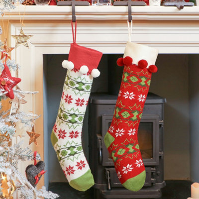 Dibor Pack Of 2 Traditional White & Red Fair Isle Xmas Gift Decoration Christmas Stocking For Kids from B&Q