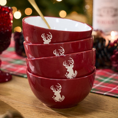 Dibor Set Of 4 Stag Christmas Dinnerware Stoneware Bowls Red