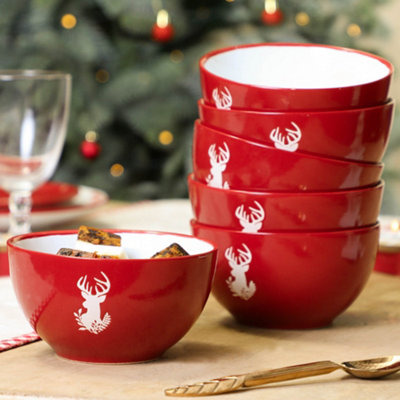 Dibor Set Of 6 Stag Christmas Dinnerware Stoneware Bowls Red