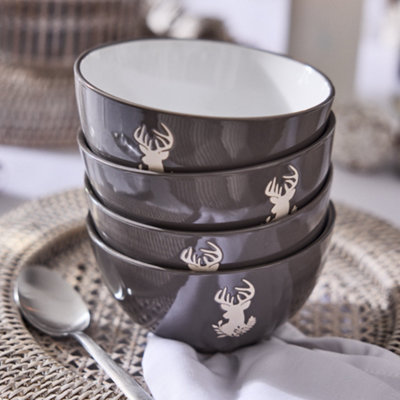 Dibor Set Of 4 Grey Stag Stoneware Christmas Crockery Dinner Soup Bowls Dia14.5Cm from B&Q