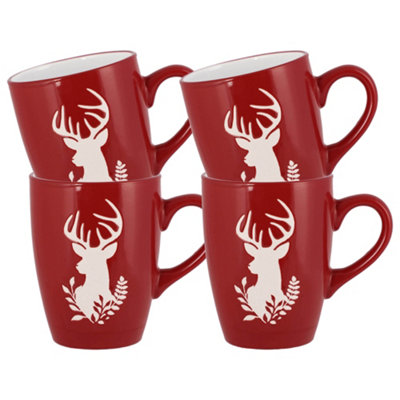 Dibor Red/White Set Of & Reindeer Microwave Safe Christmas Crockery Tea Coffee Cup Mugs 310Ml Size 4