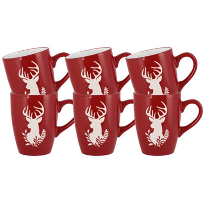 B&Q -  Set Of 6 Red & White Reindeer Microwave Safe Christmas Crockery Tea Coffee Cup Mugs 310Ml