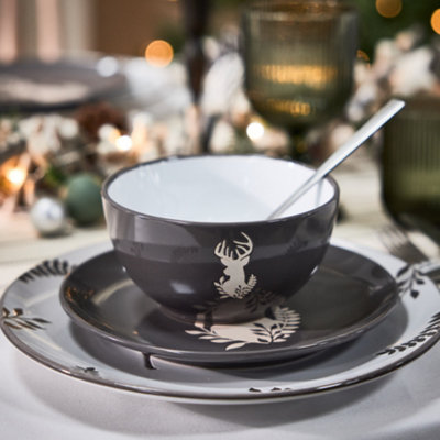 Dibor 24 Piece Grey Stag Plates And Bowls Reindeer Christmas Dinner Set 8 Person Christmas Crockery Set from B&Q