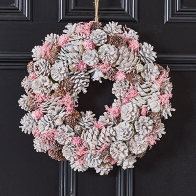 B&Q -  Traditional Pink Amelia Pinecone Front Door Autumn Wreath Winter Spring Wreath 39Cm