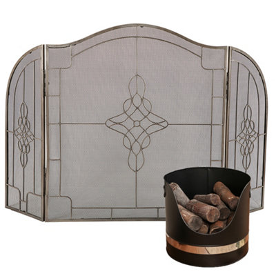 Dibor Black And Nickel CoalLogKindling Bucket With Silver Three-Fold Firescreen from B&Q