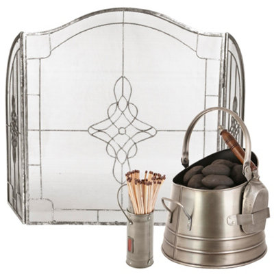 Dibor Pewter CoalLogKindling Bucket And Matches Canister With Silver Three-Fold Firescreen from B&Q