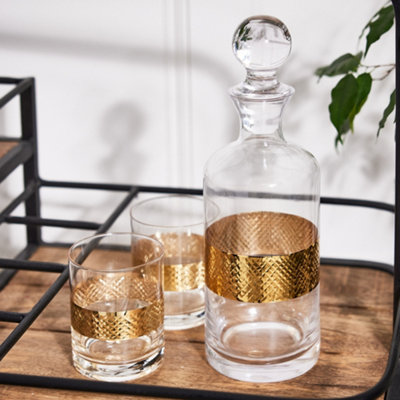 Dibor Traditional Glass Decanter Gold Embossed Glassware Spirit Whisky Decanter Set 1.5L With Two Diamond Tumblers from B&Q