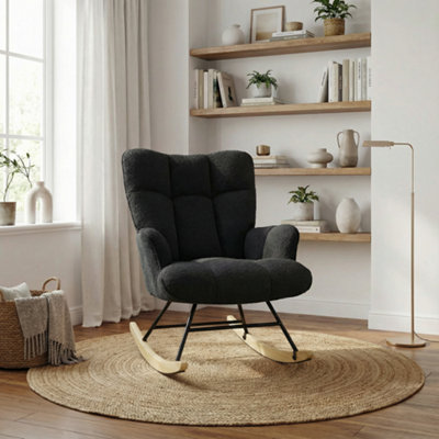 B&Q -  Comfortable Teddy Rocking Arm Chair For Nursery Bedroom Balcony (Black)