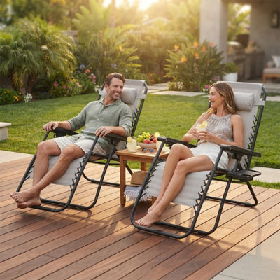 B&Q -  Set Of 2 Heavy-Duty Zero Gravity Chairs SunloungersGarden Outdoor Sun Loungers Folding Reclining Chairs (Light Grey)