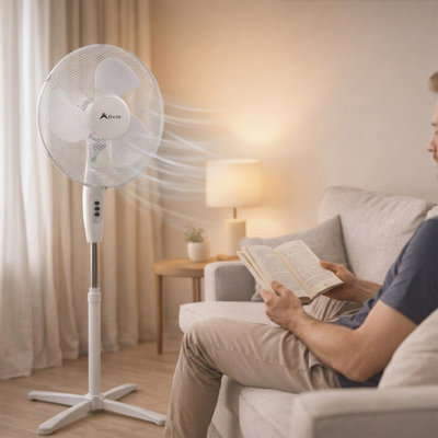 Alivio 45W Pedestal Fan3-Speed Oscillating Floor Fan With 3 Blades And Adjustable Height For Home & Office (White) from B&Q