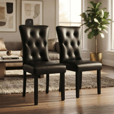 B&Q -  Black Faux Leather Dining Chairs Set Of 2Modern Diamond Tufted Upholstered Kitchen Chairs With Dark Wood Legs